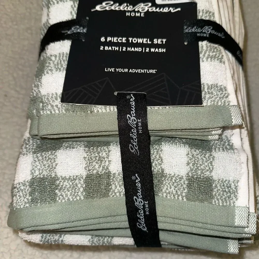 Eddie Bauer Bath Towel Set Preston Check Olive Green White Plaid NWT